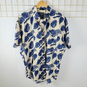 Chaps Ralph Lauren 90s Vintage Blue Tan Palm Print Hawaiian Button Down Shirt
